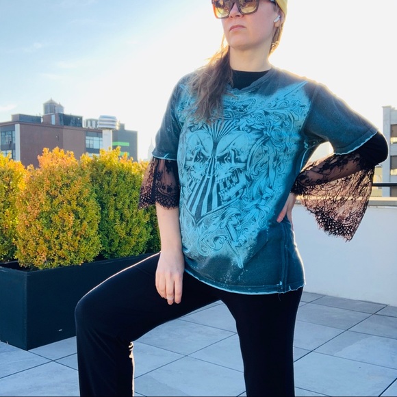 HELIX Tattoo Scull Heart Crown Graphic 3D Patch Shirt L - Picture 13 of 16